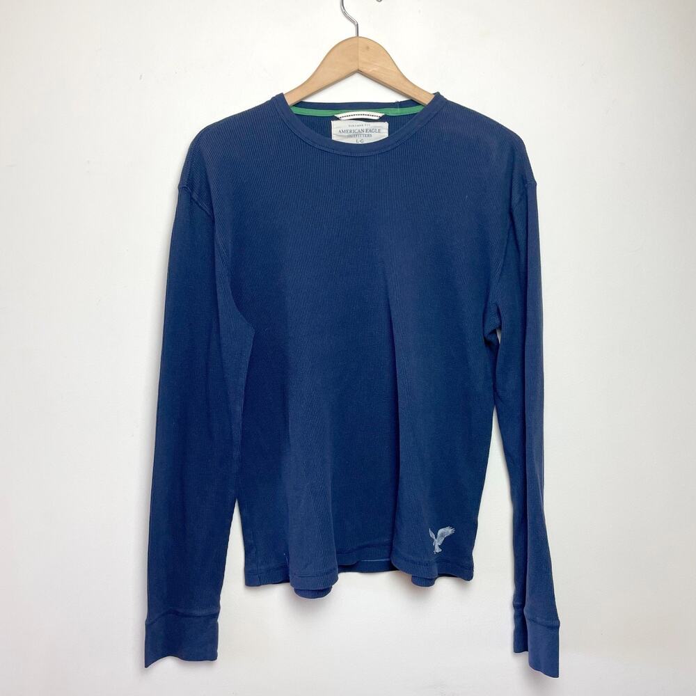 American Eagle Long Sleeve Waffle Knit Thermal Shirt Large Blue Layers Outdoors